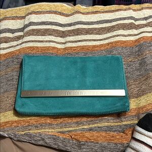 Teal Suede Clutch with Silver Bar Accent